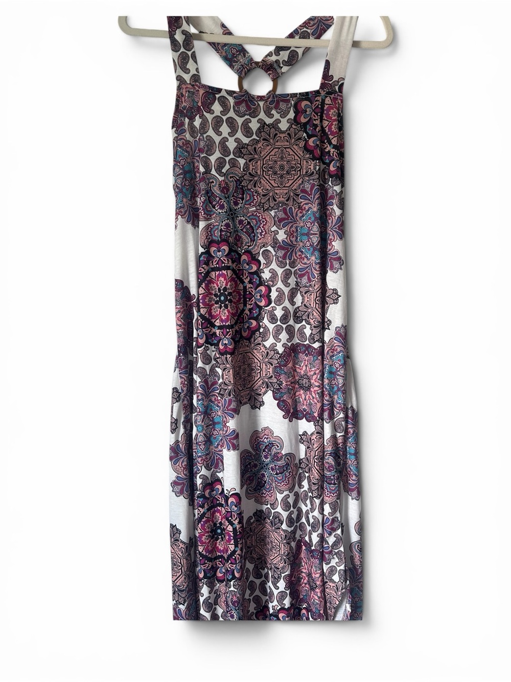 Printed Maxi Dress  with Pink and Purple Medallion Pattern. Beautiful colors.